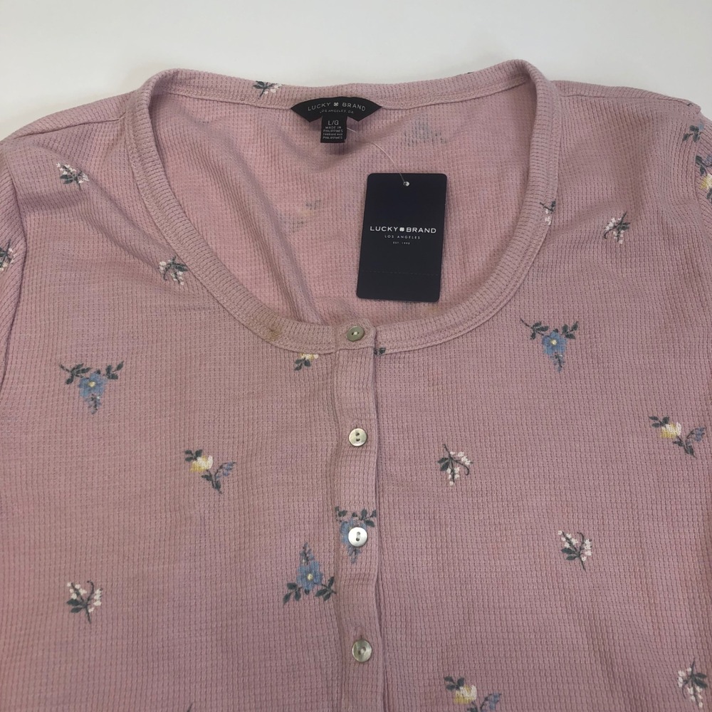 Lucky Brand Floral Waffle Knit Henley Top Long Sleeve Casual Pink L - Picture 2 of 10